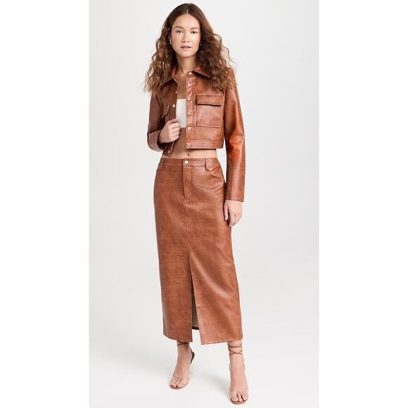 New WAYF Croc Embossed Crop Faux Leather Jacket in Brown Size M - Picture 12 of 13